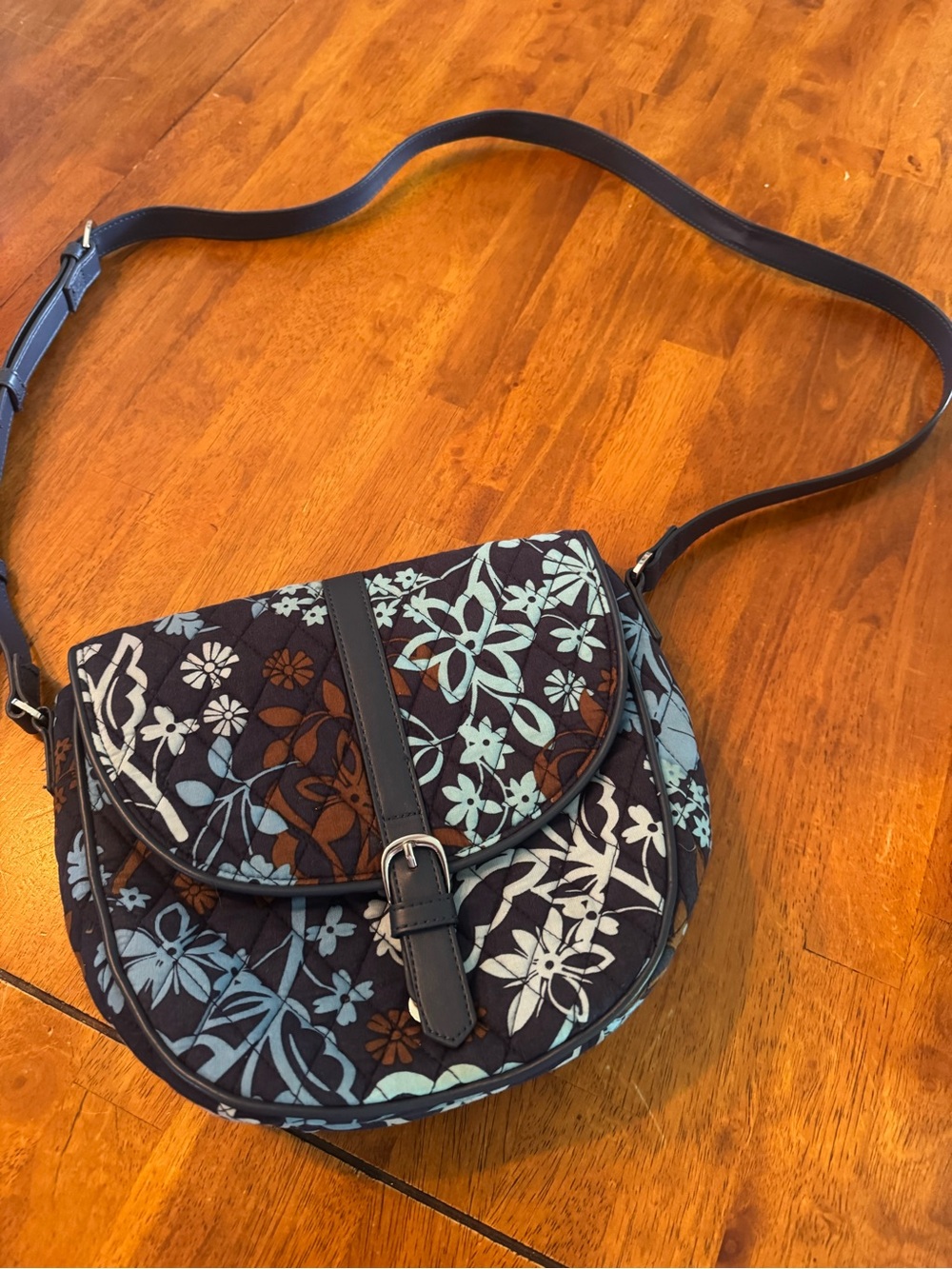 Need Bradley Quilted Floral Crossbody Saddle Bag - Navy Blue & Light Blue